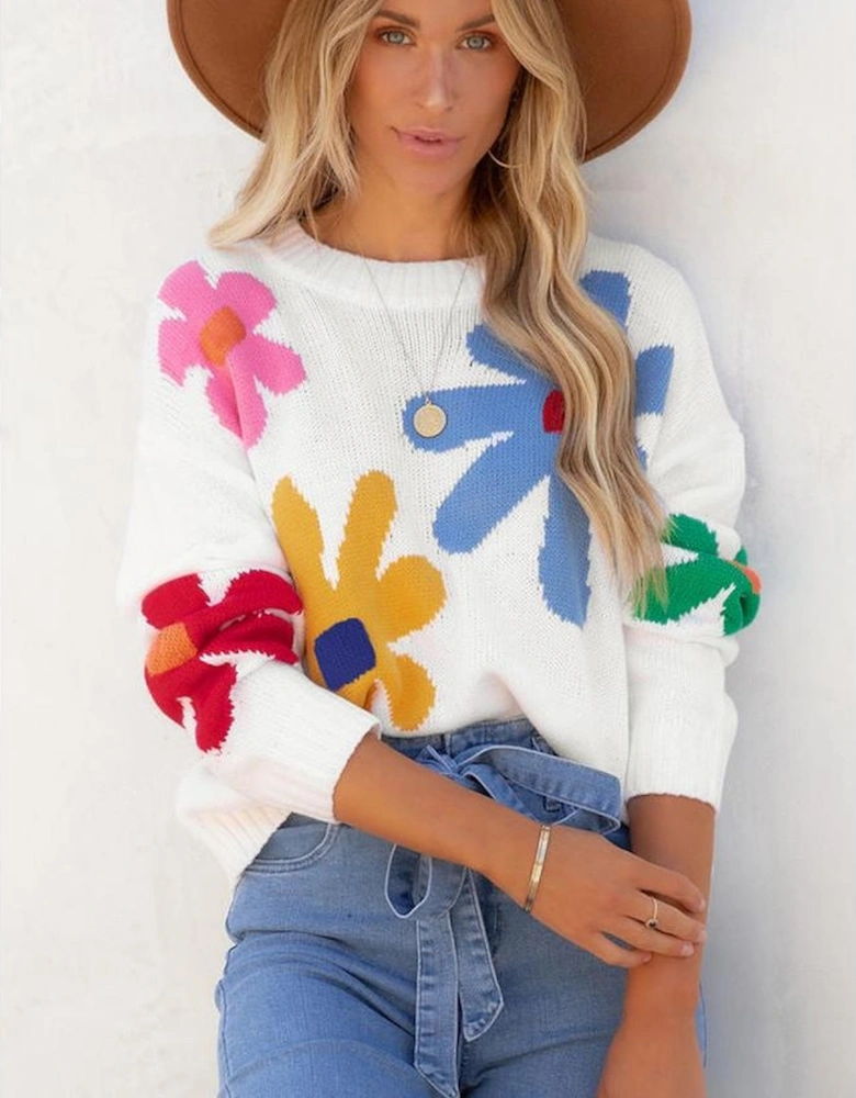 White Colorful Big Flower Pattern Crewneck Sweater