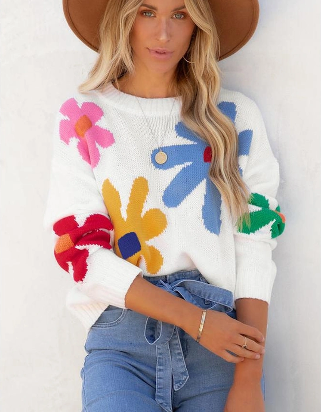 White Colorful Big Flower Pattern Crewneck Sweater