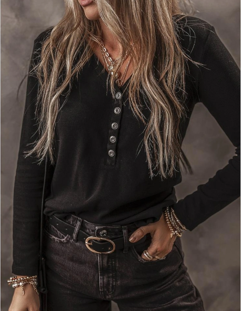 Black Buttoned V Neck Long Sleeve Ribbed Top