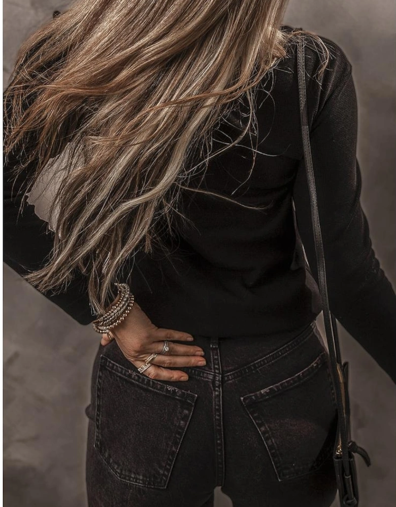 Black Buttoned V Neck Long Sleeve Ribbed Top