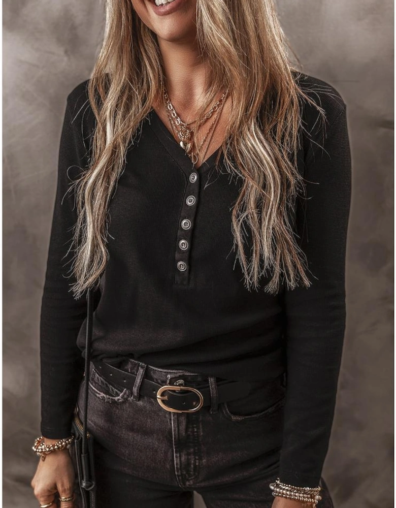 Black Buttoned V Neck Long Sleeve Ribbed Top