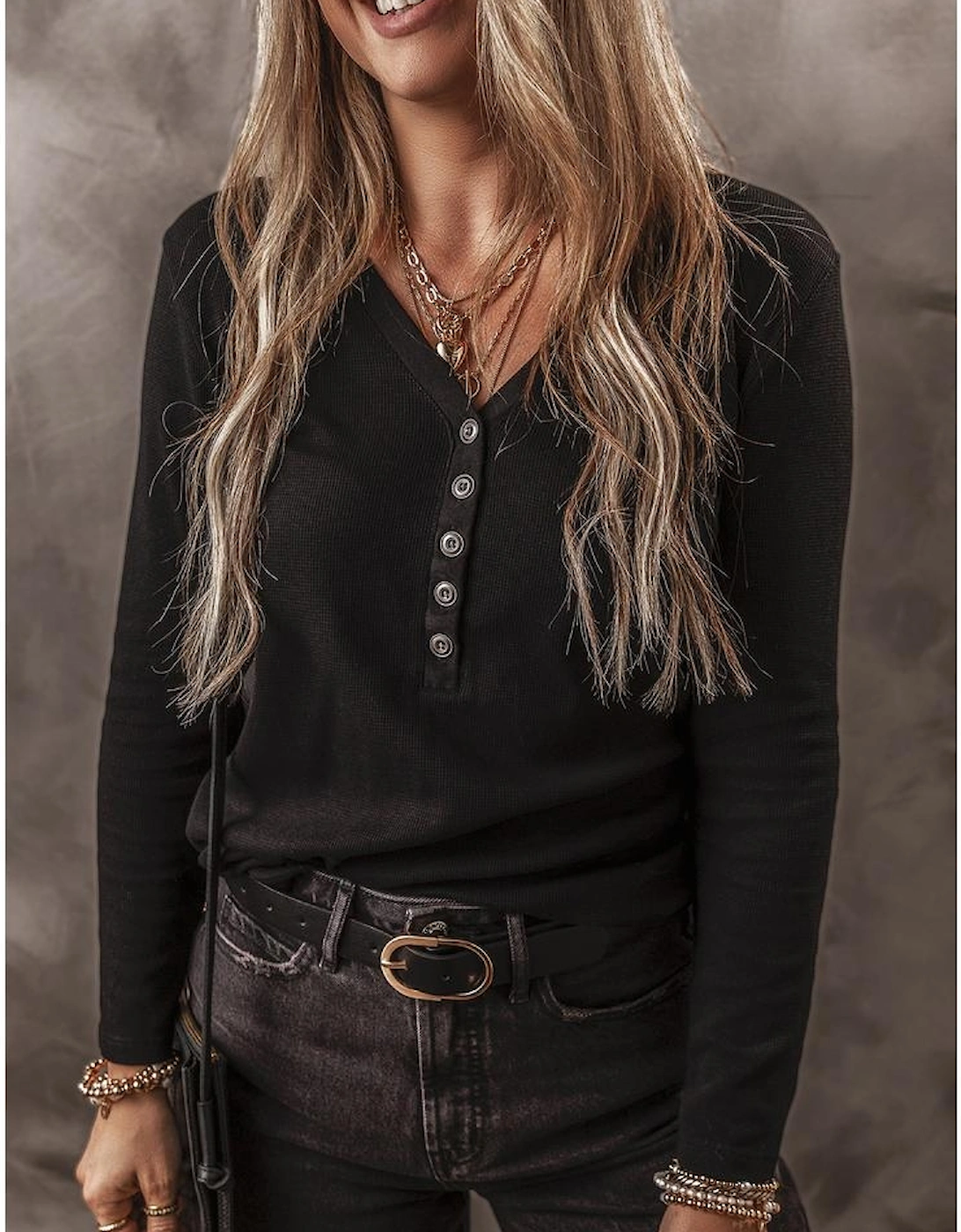 Black Buttoned V Neck Long Sleeve Ribbed Top, 7 of 6