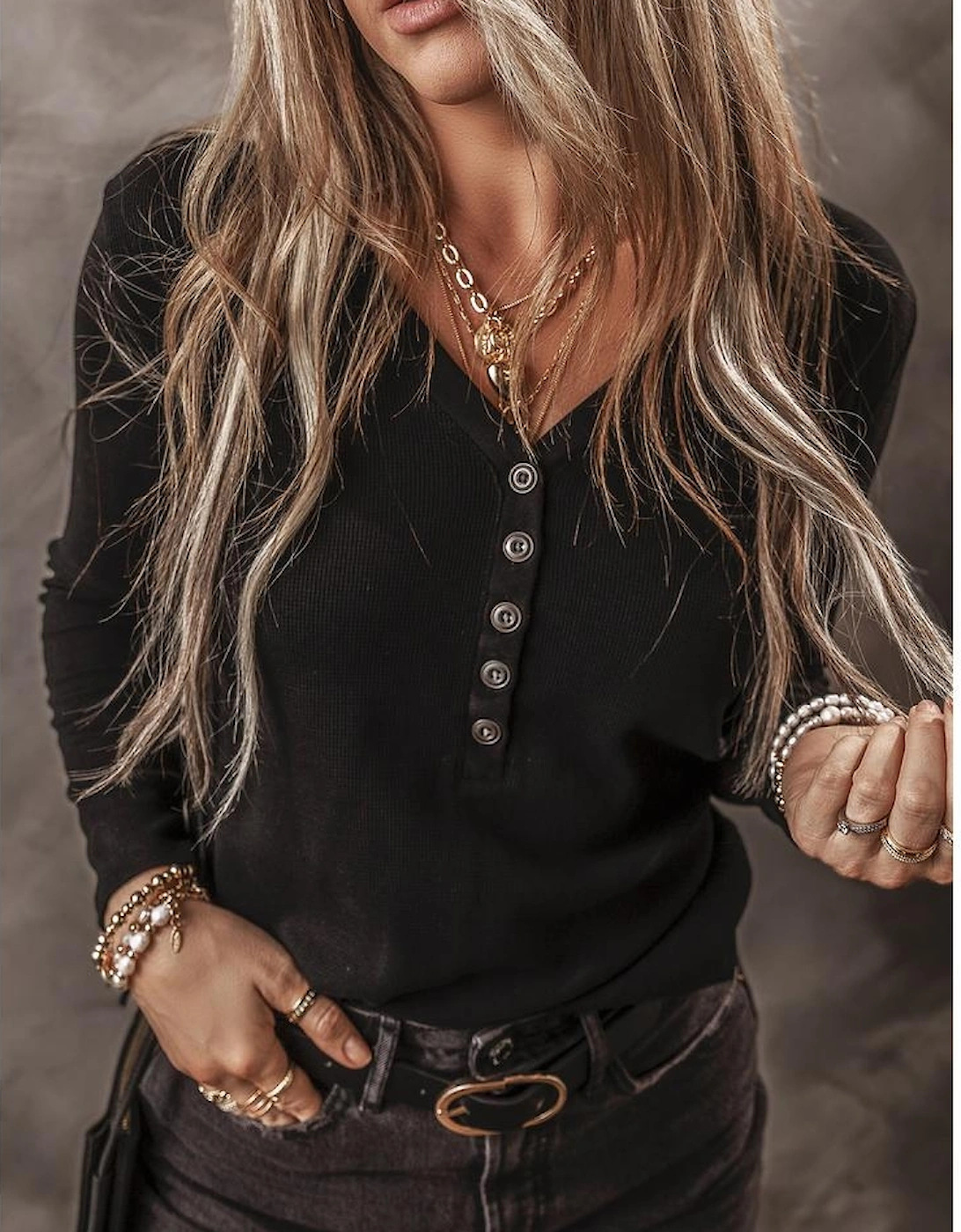 Black Buttoned V Neck Long Sleeve Ribbed Top