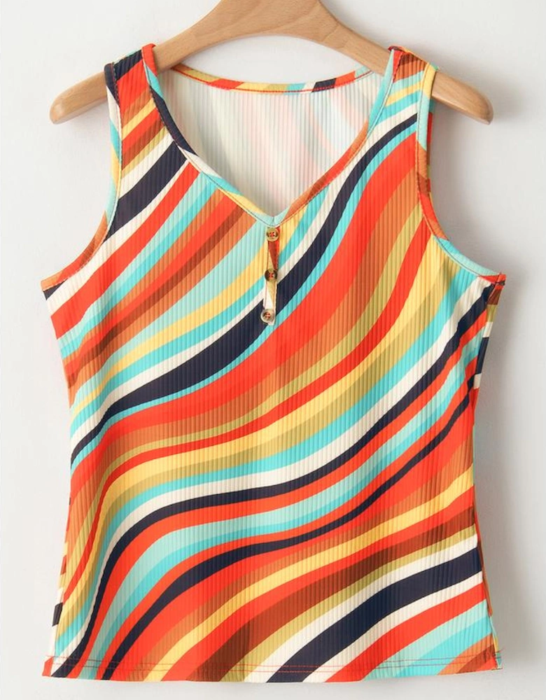Multicolour Wavy Striped Buttoned V Neck Tank Top