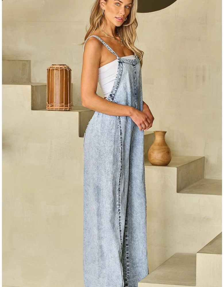 Beau Blue Light Wash Frayed Exposed Seam Wide Leg Denim Overall