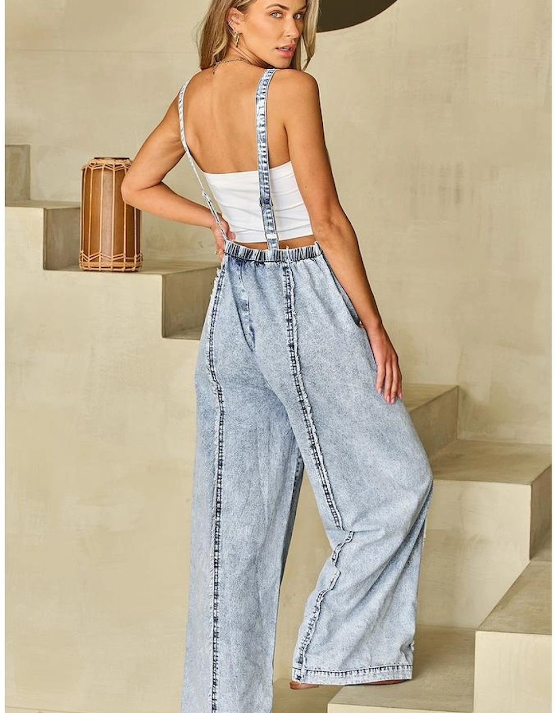 Beau Blue Light Wash Frayed Exposed Seam Wide Leg Denim Overall