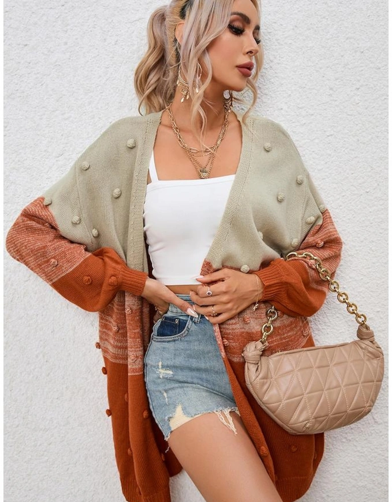 Brown Pompom Color Block Open Front Cardigan