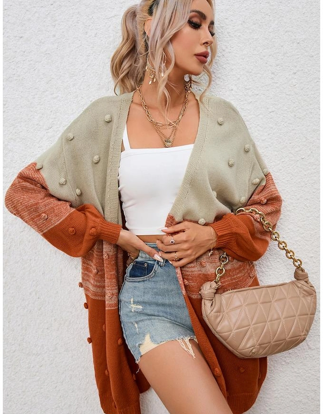 Brown Pompom Color Block Open Front Cardigan
