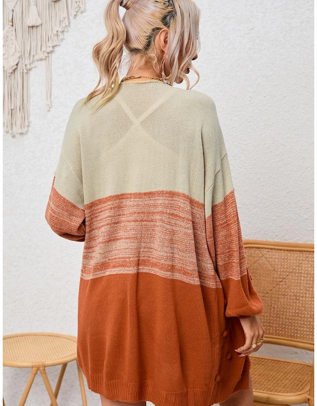 Brown Pompom Color Block Open Front Cardigan