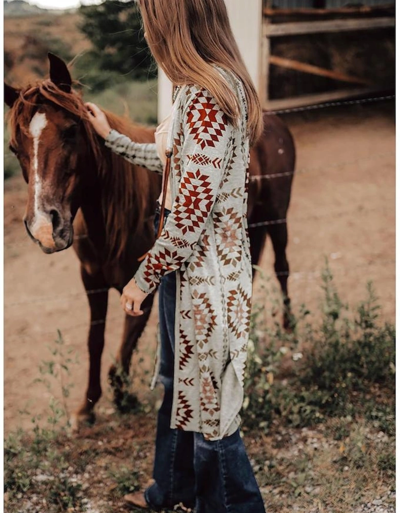 Brown Western Aztec Printed Open Front Long Cardigan
