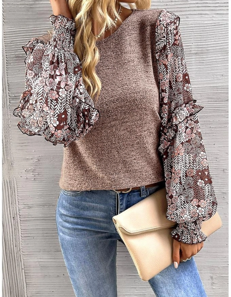 Pale Chestnut Ruffle Tiered Floral Sleeve Crew Neck Blouse