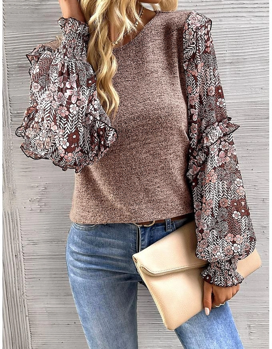 Pale Chestnut Ruffle Tiered Floral Sleeve Crew Neck Blouse