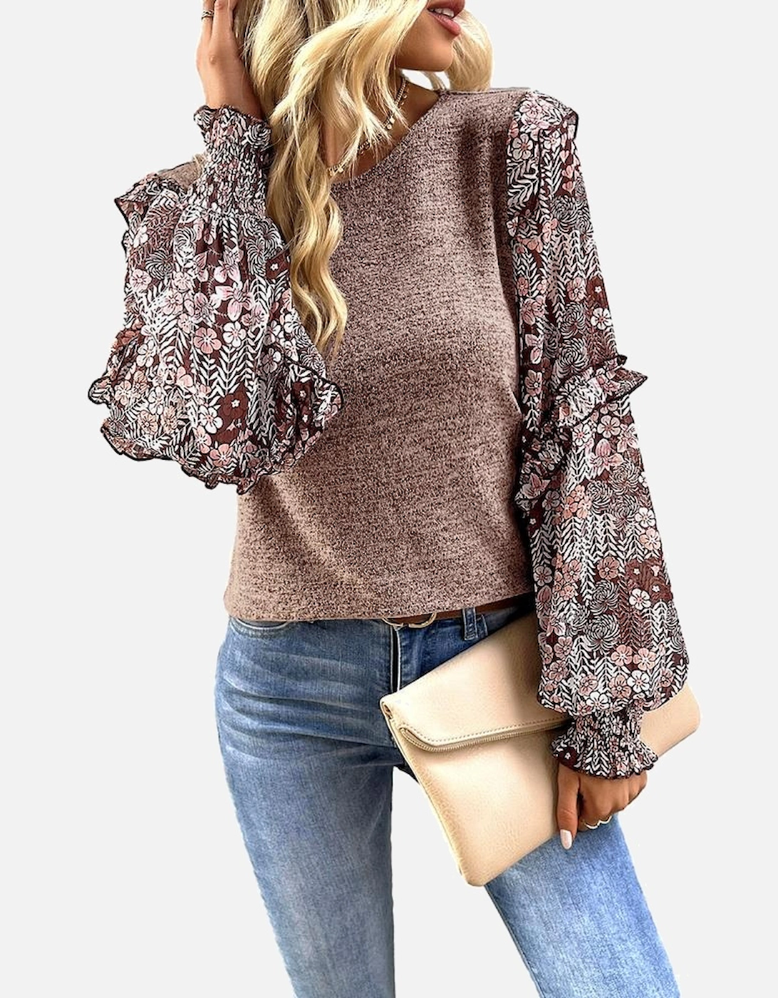 Pale Chestnut Ruffle Tiered Floral Sleeve Crew Neck Blouse, 5 of 4