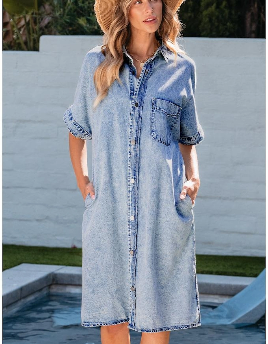 Light Blue Loose Medium Wash Short Sleeve Shirt Chambray Dress, 14 of 13