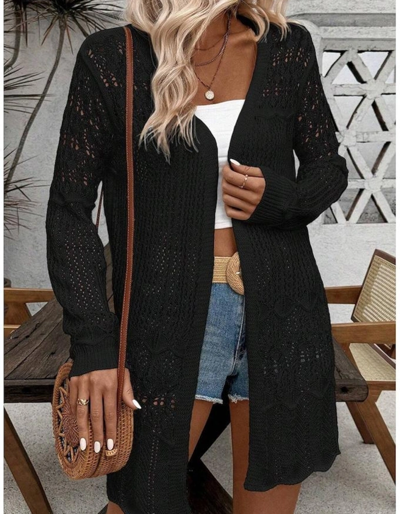 Black Crochet Hollow Out Open Front Cardigan