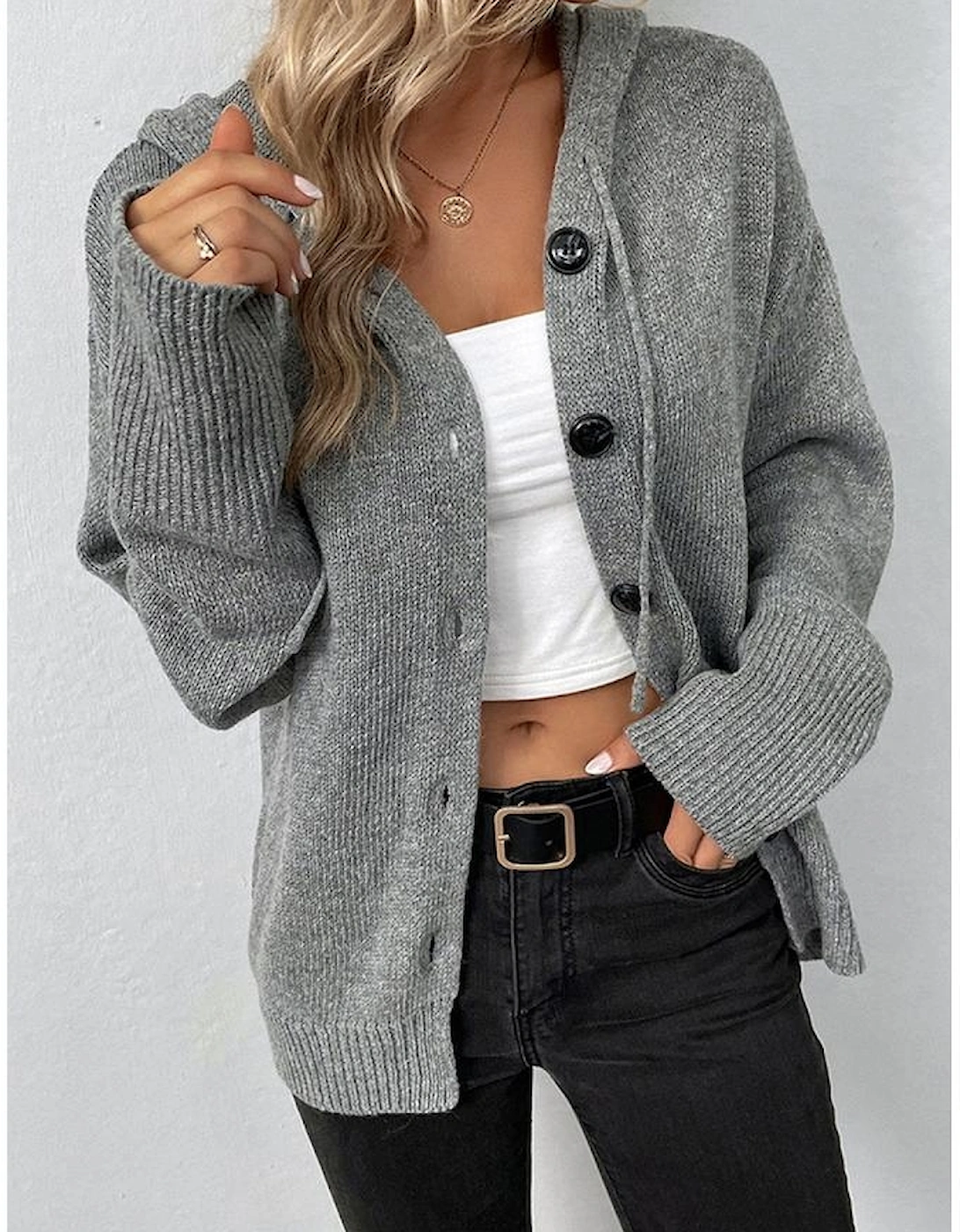 Medium Grey Drawstring Hooded Button Up Drop Shoulder Sweater Cardigan