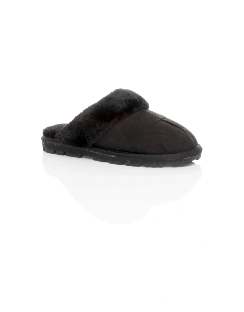 Flat  Heel Faux Fur Lined Slip On Memory Foam Mules  Slippers