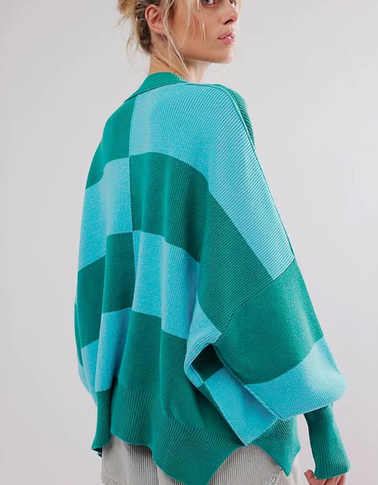 Green Checkered Side Slits Drop Shoulder Oversized Sweater