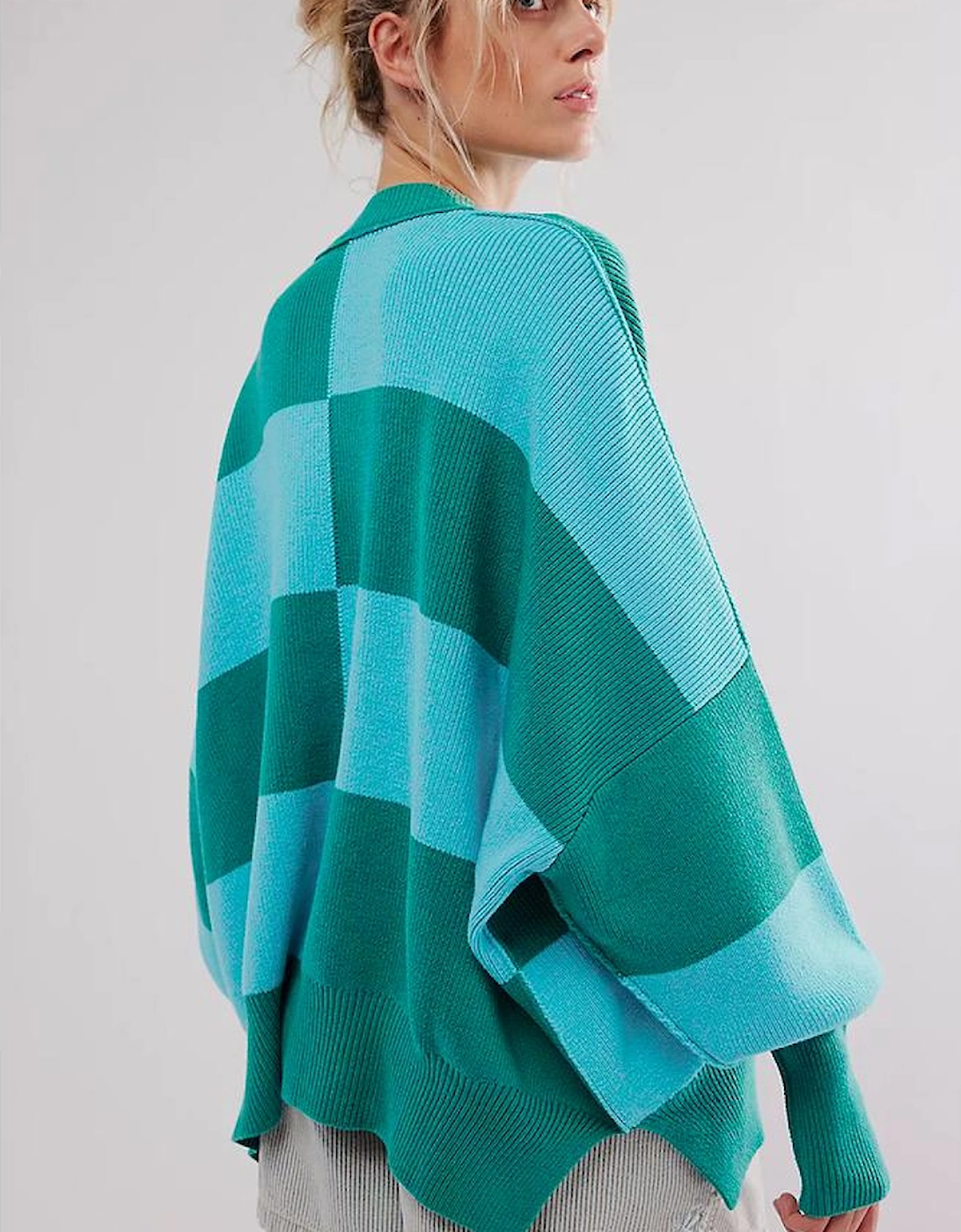Green Checkered Side Slits Drop Shoulder Oversized Sweater