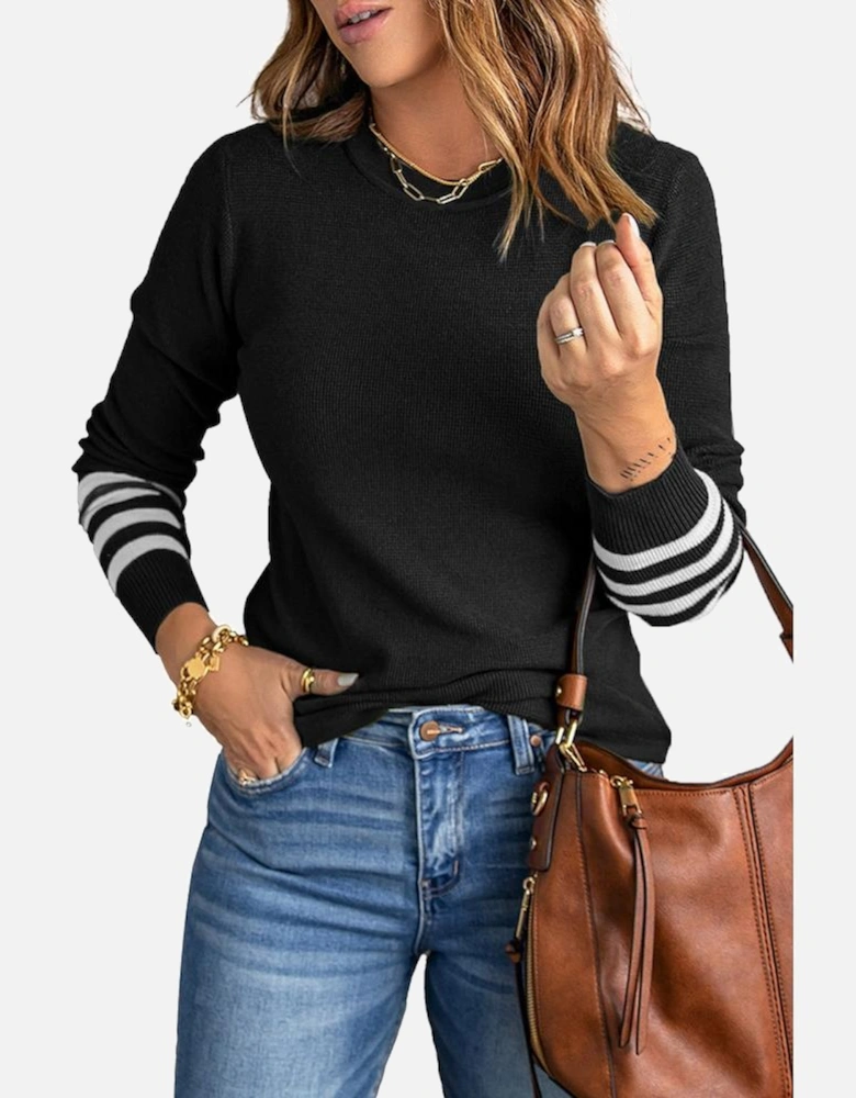 Black Striped Sleeve Plain Knit Sweater