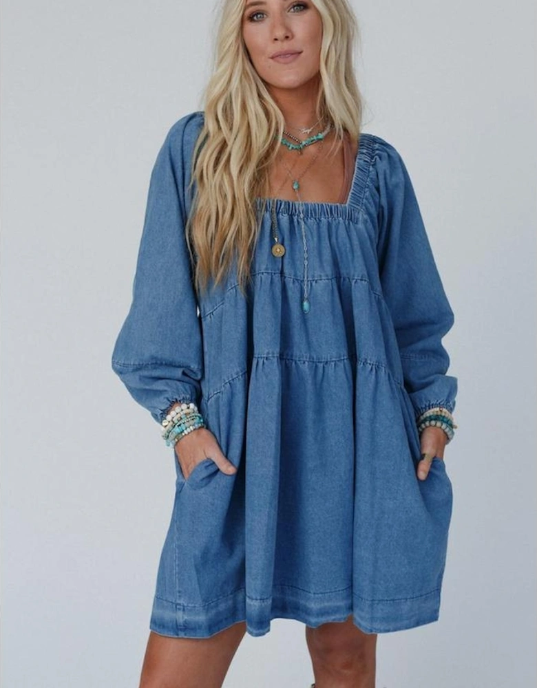 Dusk Blue Square Neck Side Pockets Loose Fit Denim Mini Dress