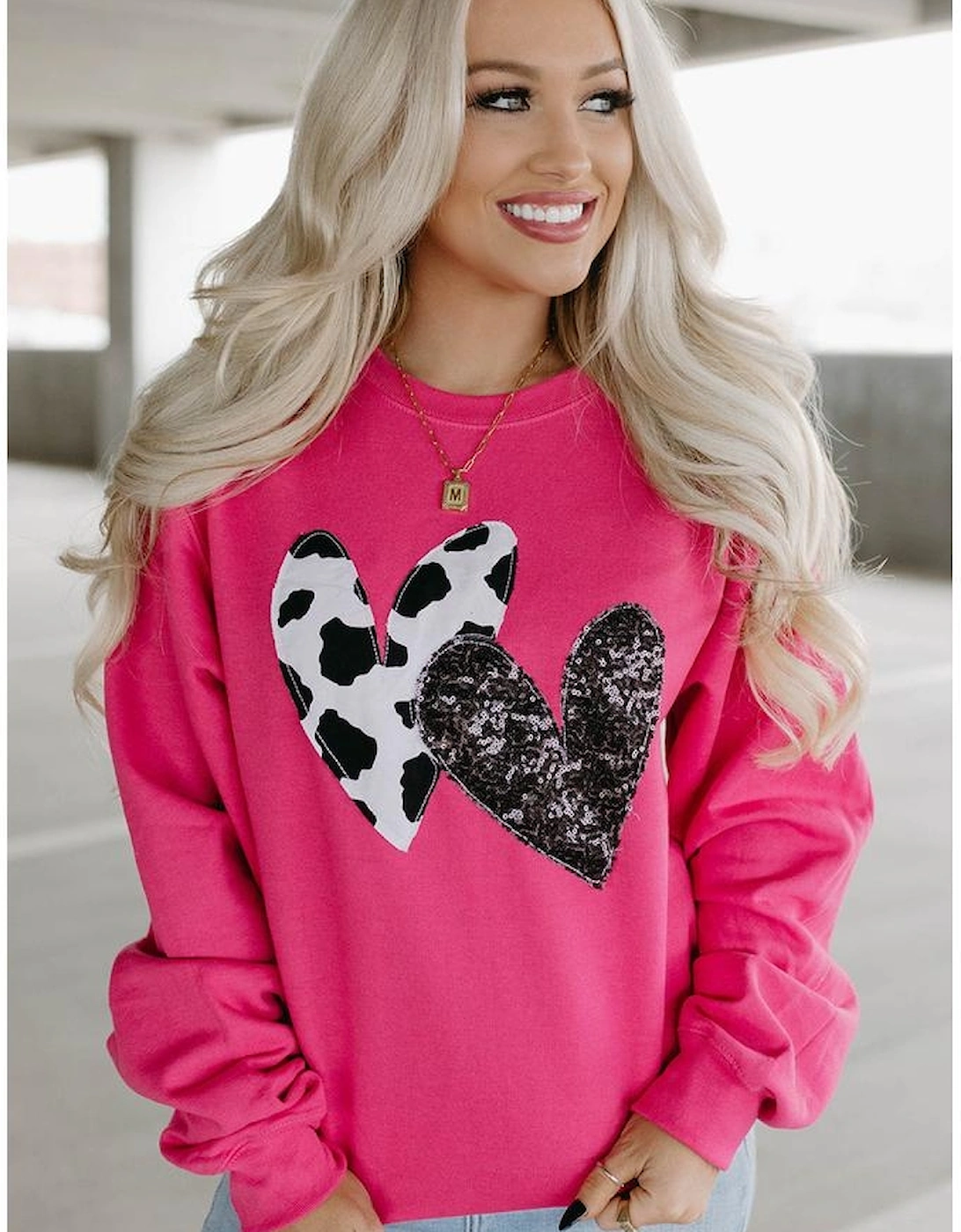 Strawberry Pink Cow & Sequin Double Heart Patch Graphic Sweatshirt, 7 of 6