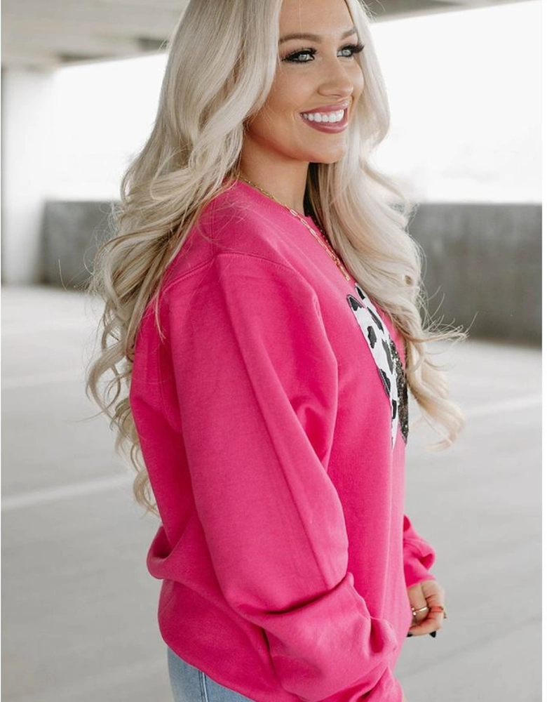 Strawberry Pink Cow & Sequin Double Heart Patch Graphic Sweatshirt