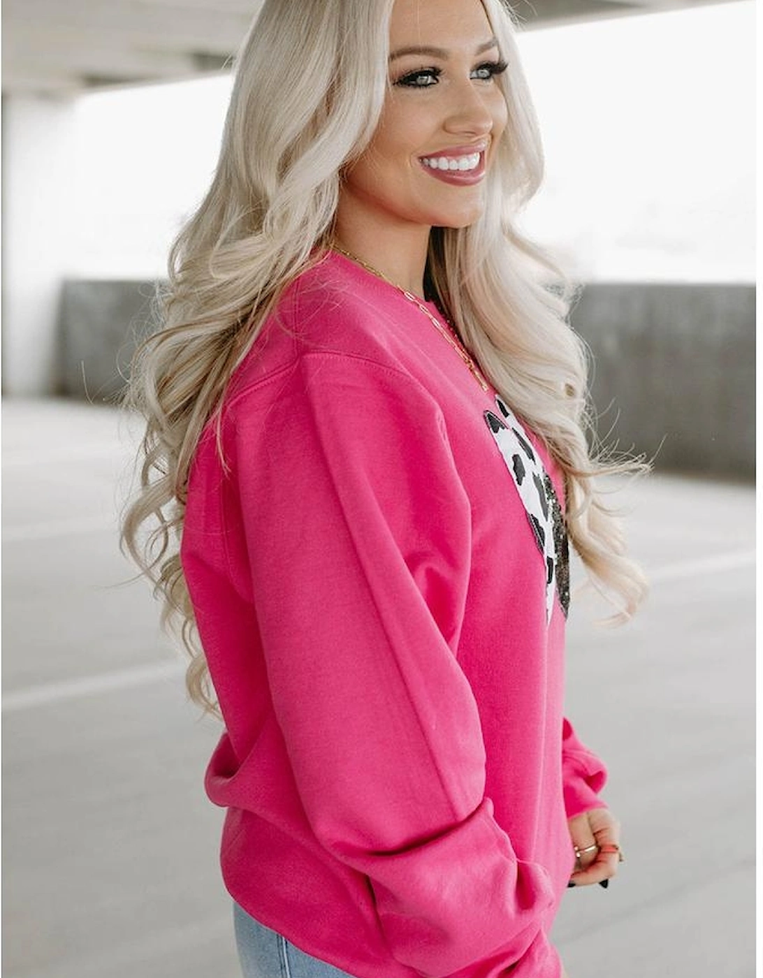 Strawberry Pink Cow & Sequin Double Heart Patch Graphic Sweatshirt