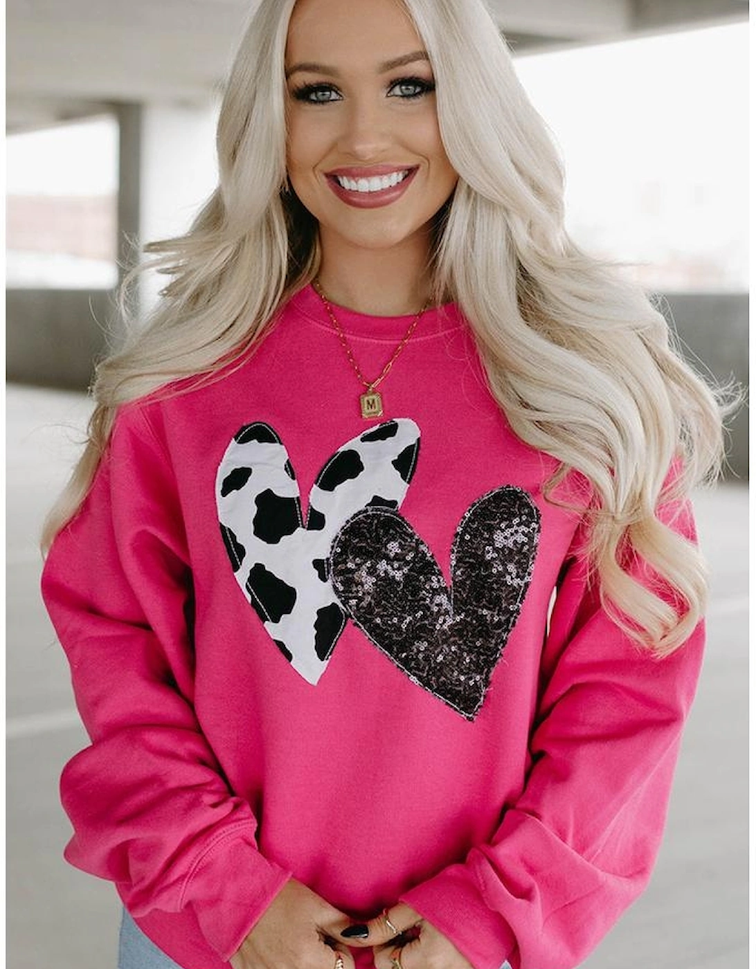 Strawberry Pink Cow & Sequin Double Heart Patch Graphic Sweatshirt