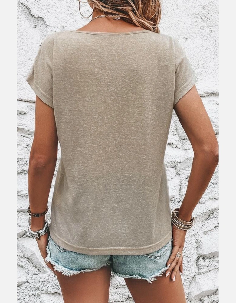 Smoke Gray Button Detail Batwing Sleeve Casual Tee