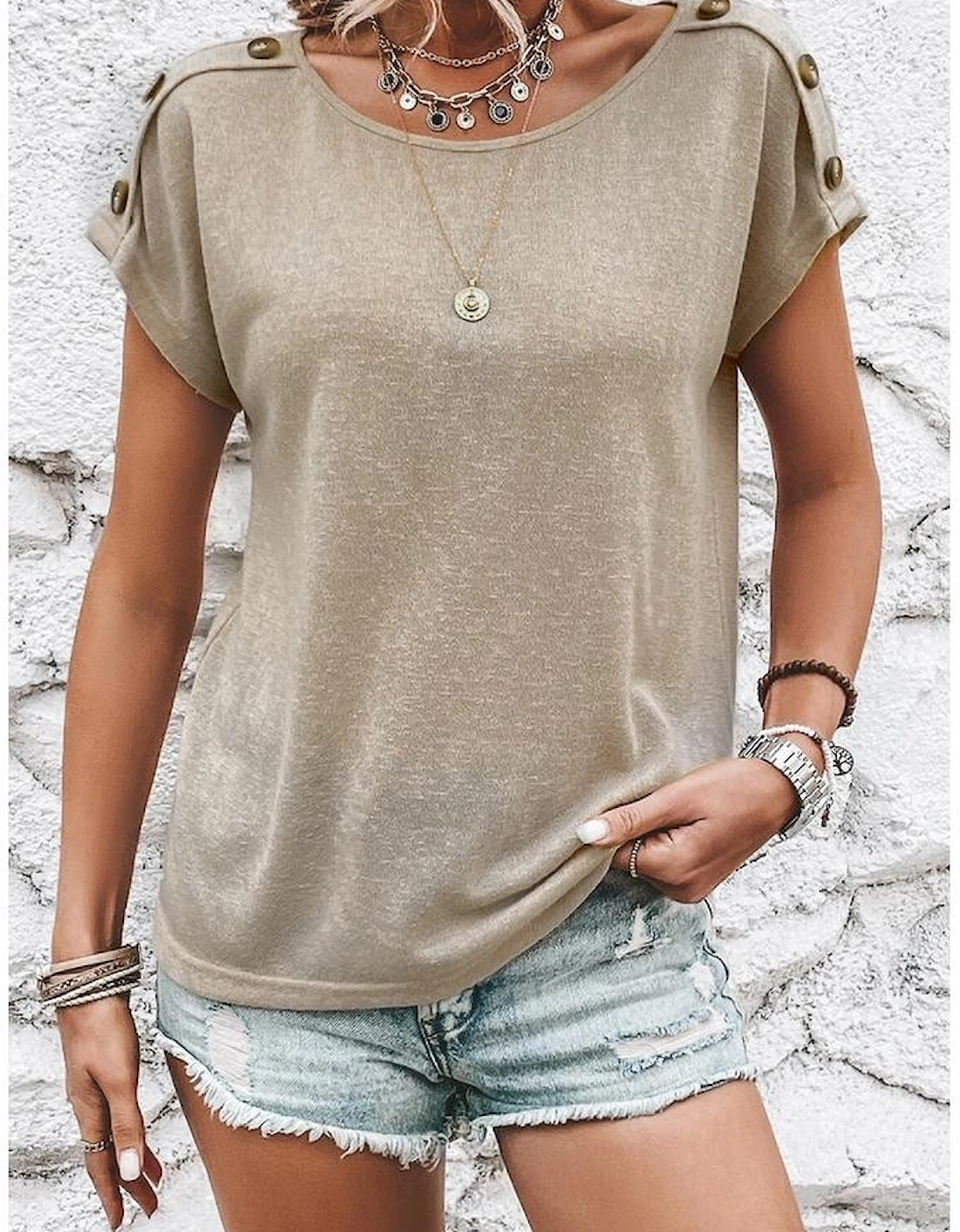 Smoke Gray Button Detail Batwing Sleeve Casual Tee, 7 of 6