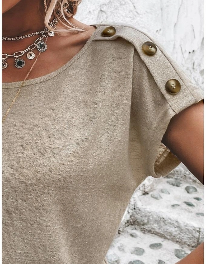 Smoke Gray Button Detail Batwing Sleeve Casual Tee