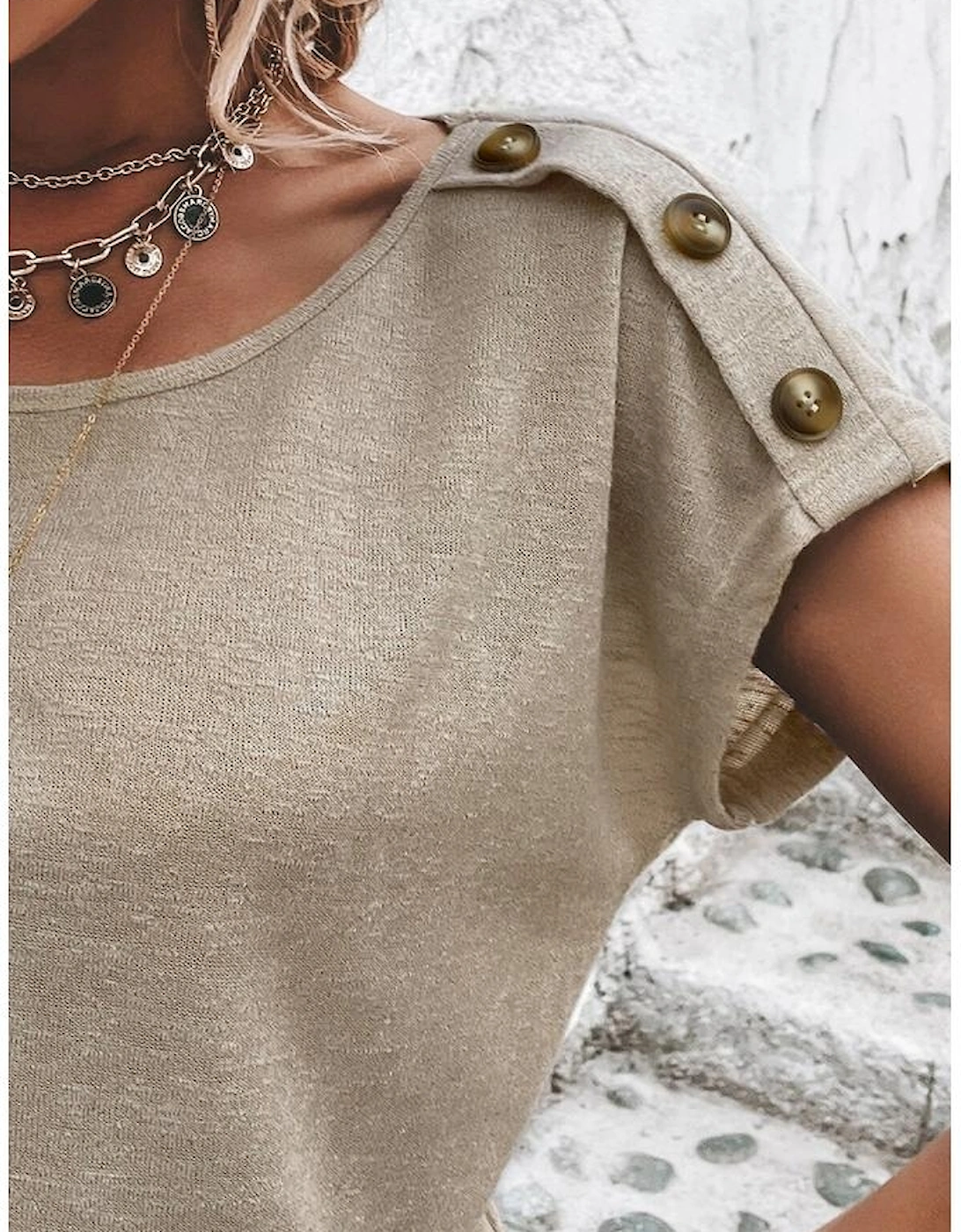 Smoke Gray Button Detail Batwing Sleeve Casual Tee