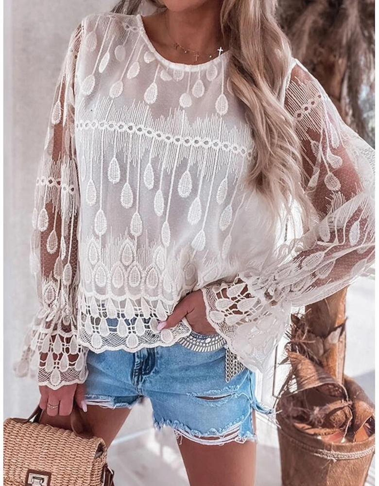 Beige Embroidered Mesh Flounce Sleeve Blouse