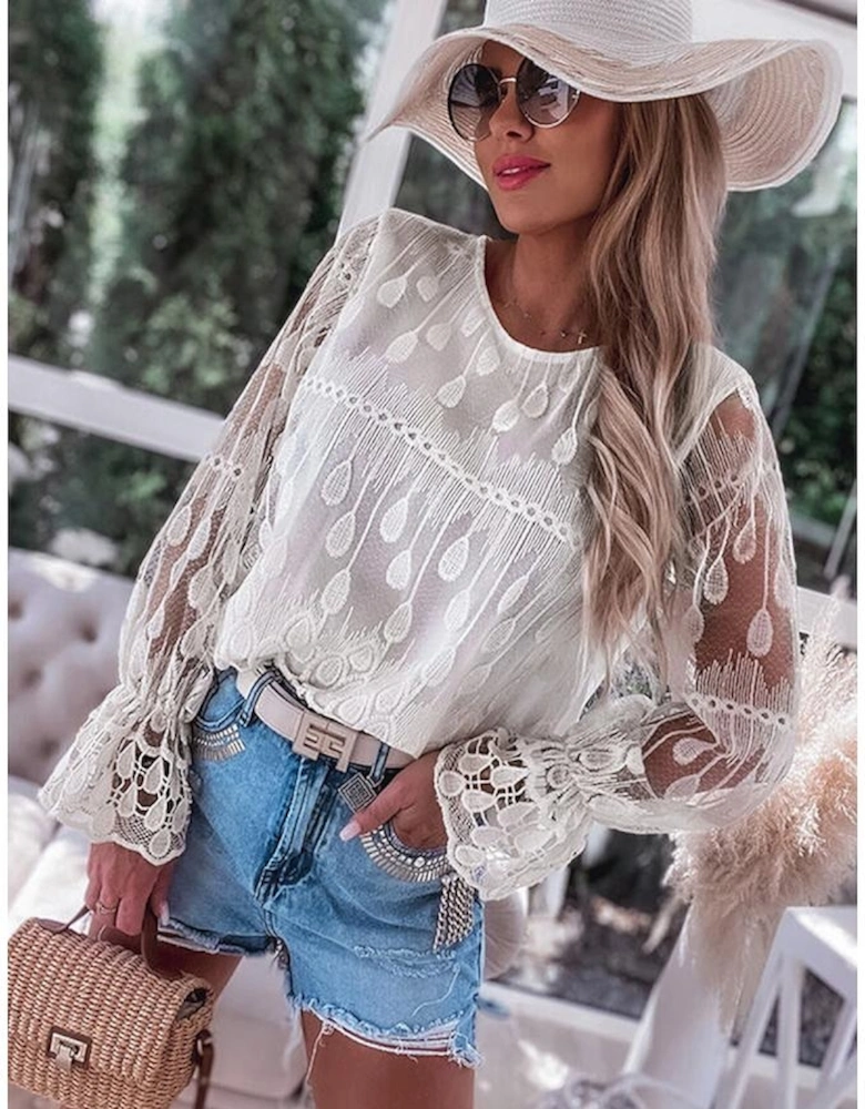 Beige Embroidered Mesh Flounce Sleeve Blouse