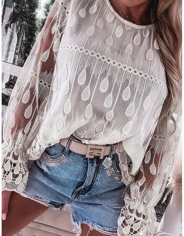 Beige Embroidered Mesh Flounce Sleeve Blouse