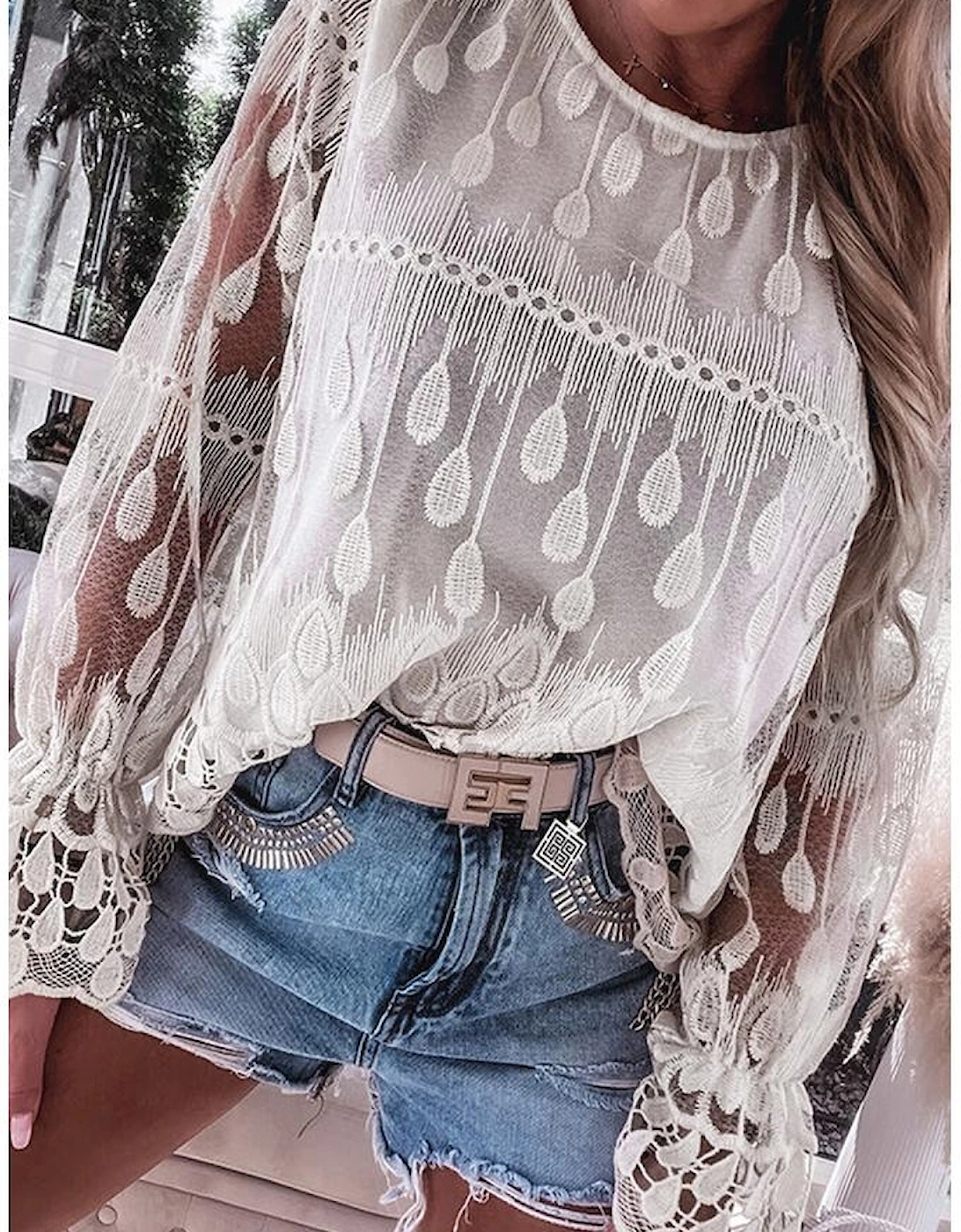 Beige Embroidered Mesh Flounce Sleeve Blouse
