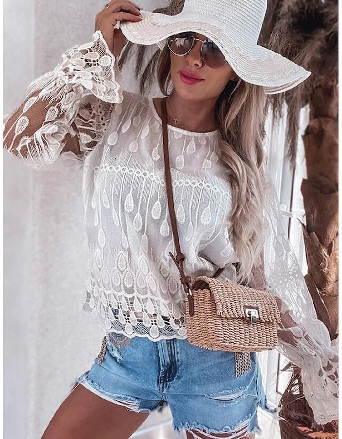 Beige Embroidered Mesh Flounce Sleeve Blouse