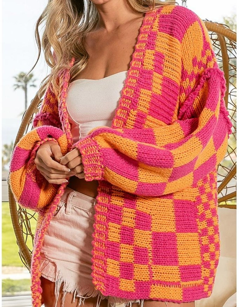 Multicolor Open Front Mixed Checkered Pattern Knit Cardigan