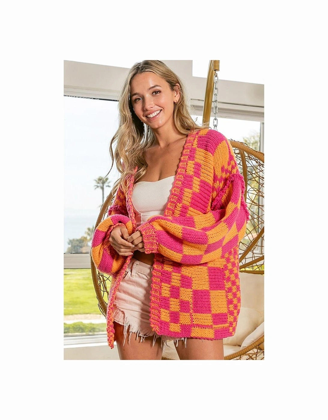 Multicolor Open Front Mixed Checkered Pattern Knit Cardigan