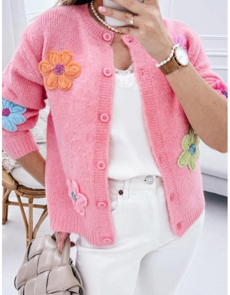 Pink Cute Knitted Floral Pattern Button Up Cardigan