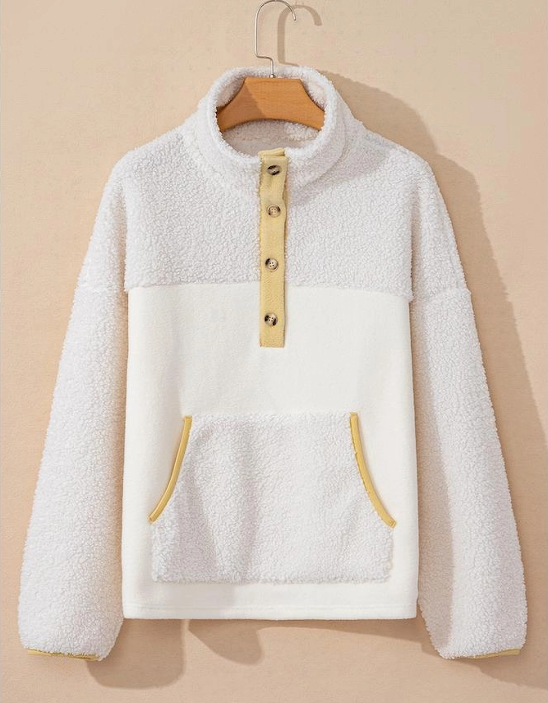 Beige Fleece Colorblock Trim Buttons Collar Sweatshirt with Pocket