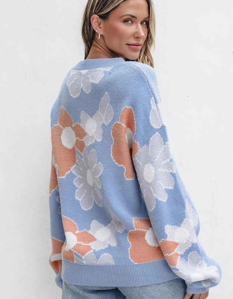 Beau Blue Floral O Neck Drop Shoulder Knitted Sweater