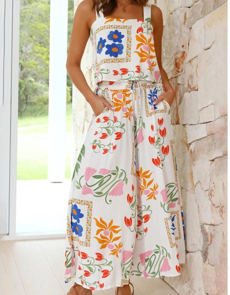 White Colorful Printed Square Neck Tank and Wide Leg Pants Set