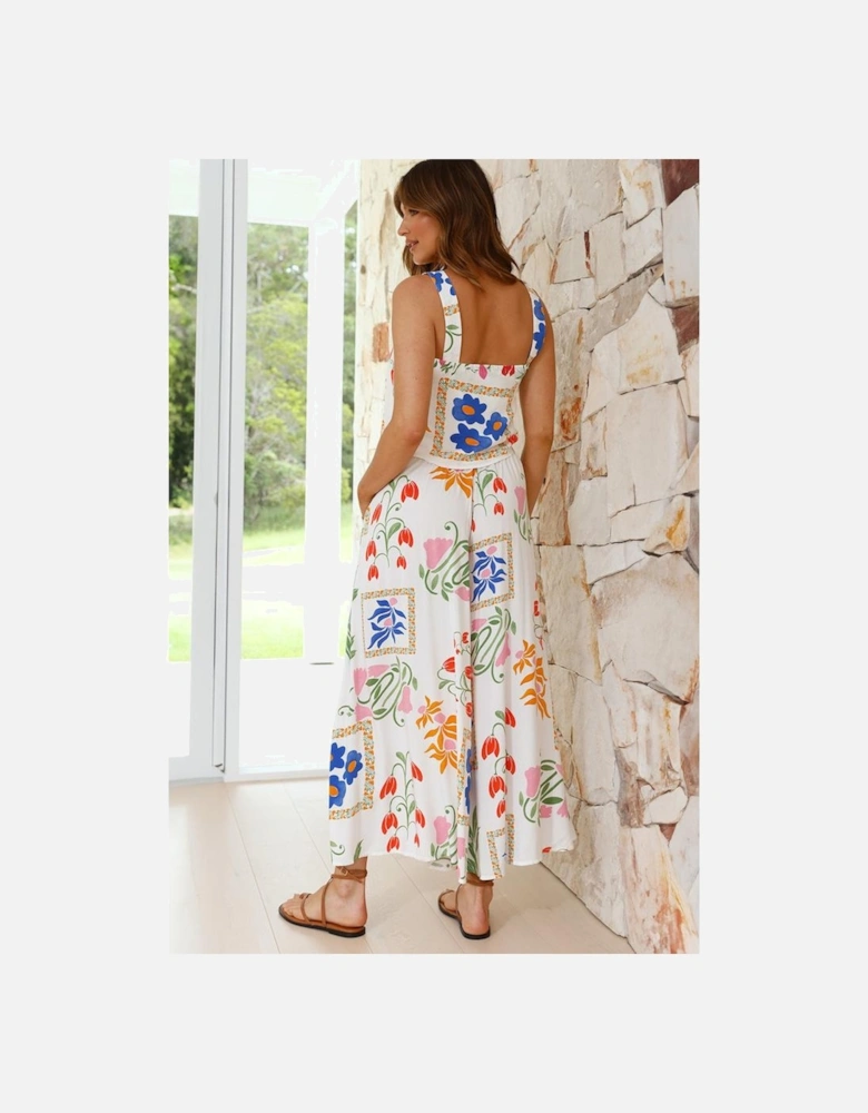 White Colorful Printed Square Neck Tank and Wide Leg Pants Set