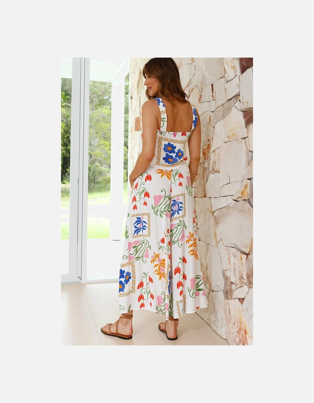 White Colorful Printed Square Neck Tank and Wide Leg Pants Set