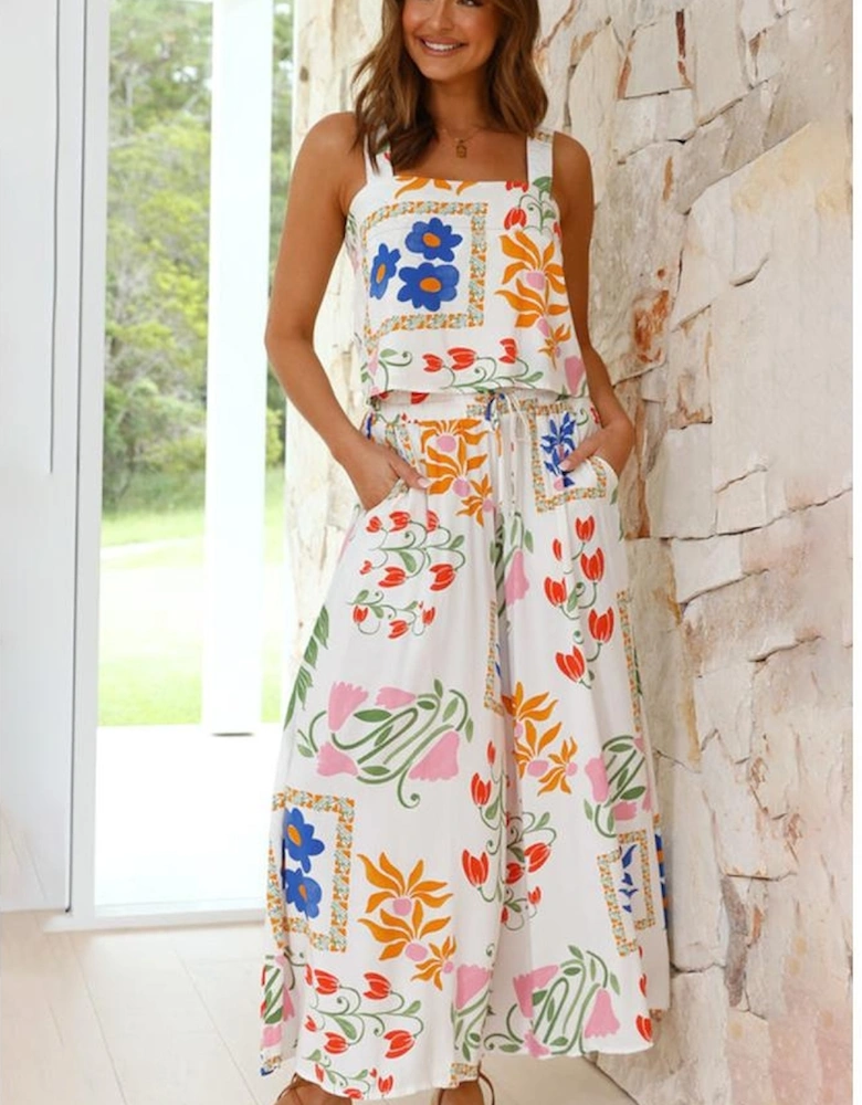 White Colorful Printed Square Neck Tank and Wide Leg Pants Set