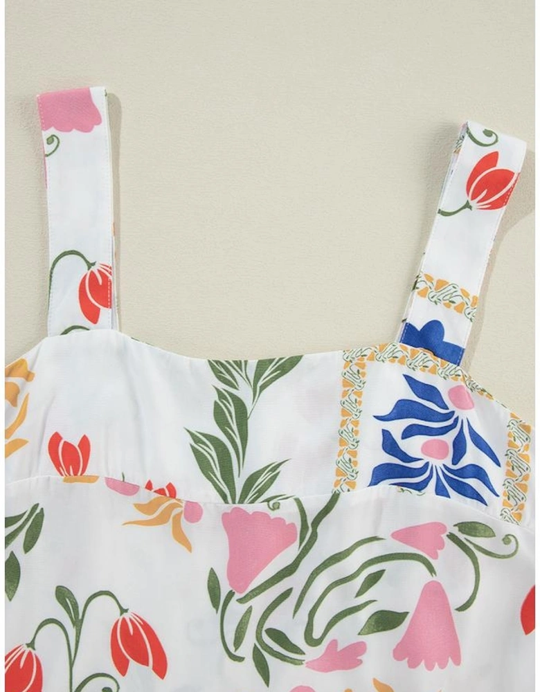 White Colorful Printed Square Neck Tank and Wide Leg Pants Set