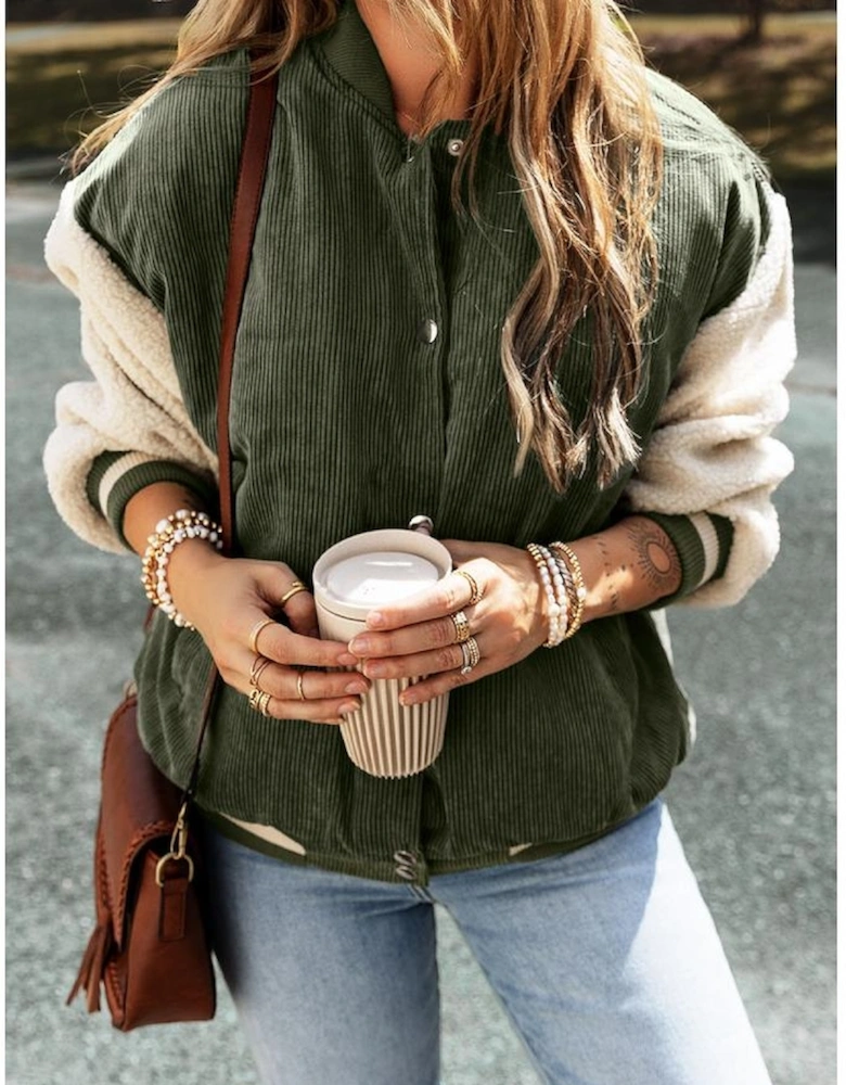 Mist Green Corduroy Fleece Patchwork Buttoned Bomber Jacket