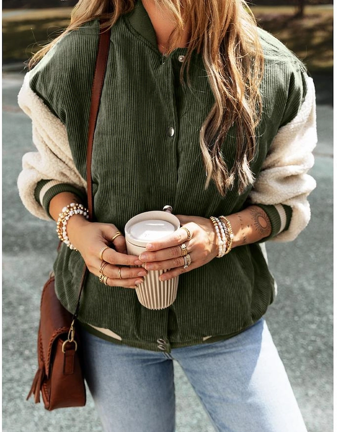 Mist Green Corduroy Fleece Patchwork Buttoned Bomber Jacket